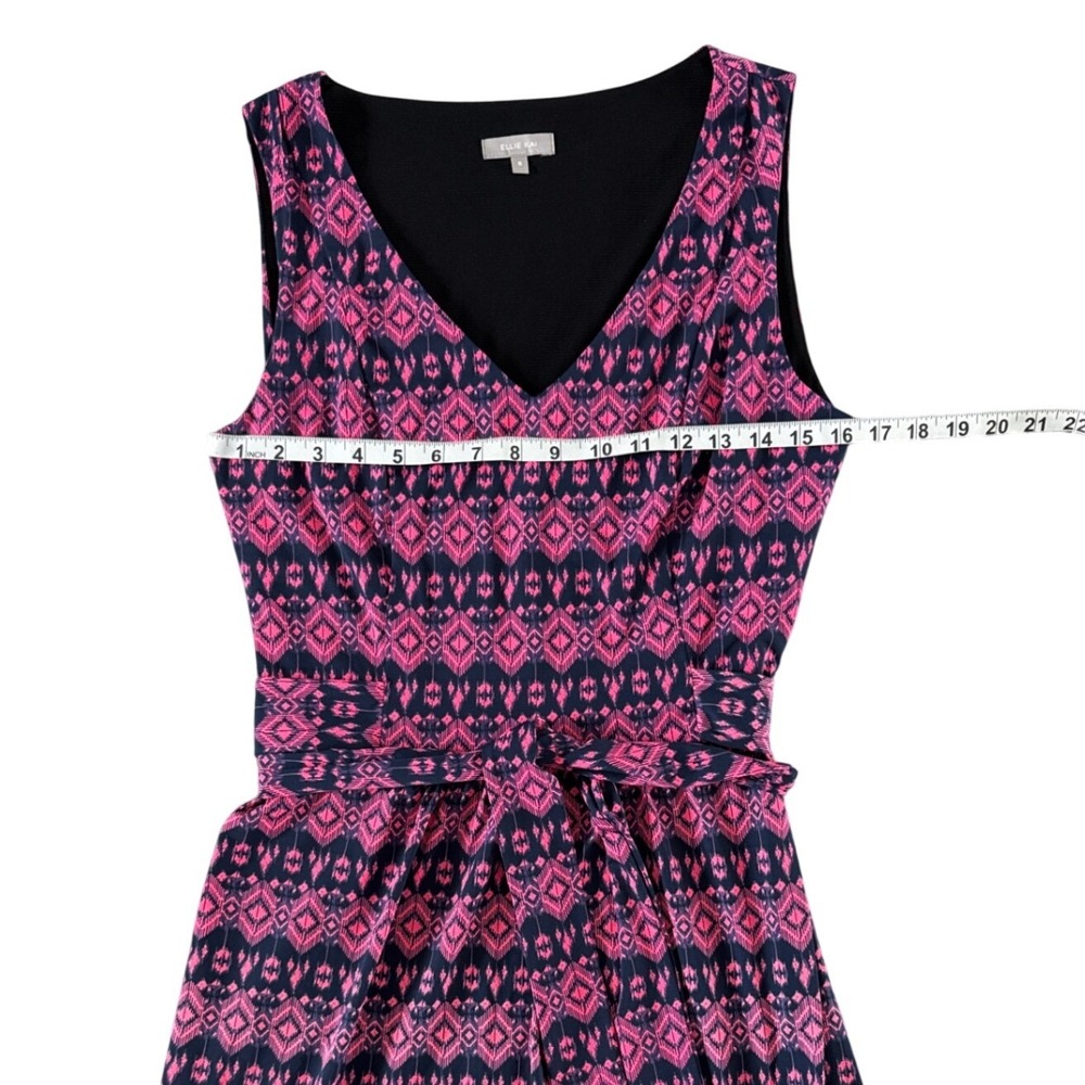 Ellie Kai Pink Navy Geometric Ikat Print V-Neck Sleeveless Tie Wrap Dress 6 - Picture 2 of 7
